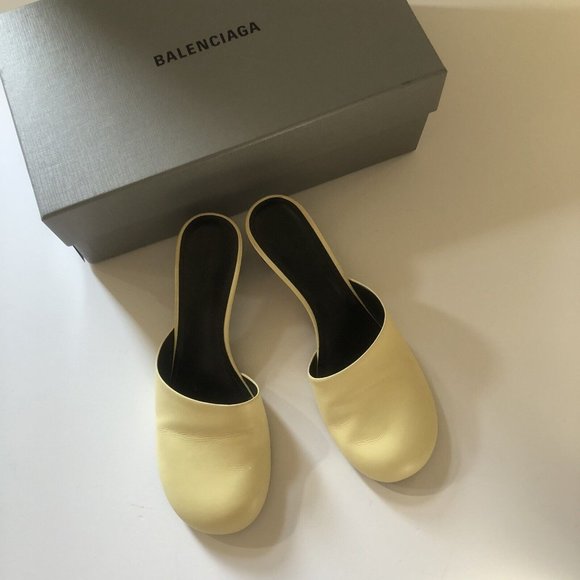 Balenciaga Lady Mules Heels New Pale Yellow Leather Round Top - Picture 4 of 7